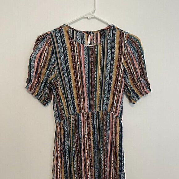 EMERY ROSE SHEIN Striped Puff Sleeve Dress White Black Multi Geometric Boho Midi - Picture 5 of 14